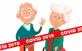 Animowany obrazek z wizerunkiem seniorów i napis COVID-19.