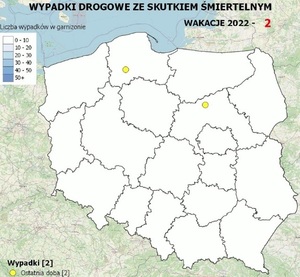 Policyjna mapa wypadków drogowych ze skutkiem śmiertelnym – Wakacje 2022