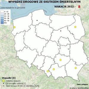 Policyjna mapa wypadków drogowych ze skutkiem śmiertelnym – Wakacje 2022