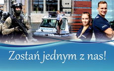 Plakat policjantki i policjanta i napis Zostań jednym z nas!