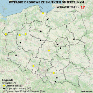 Policyjna mapa wypadków drogowych ze skutkiem śmiertelnym – Wakacje 2021